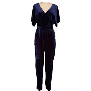 LILY ROSE Indigo Blue Velvet Smocked V neck stretch Romper Jumpsuit *X-SMALL*